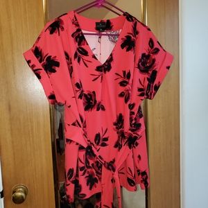 Bright coral and black floral top with tie